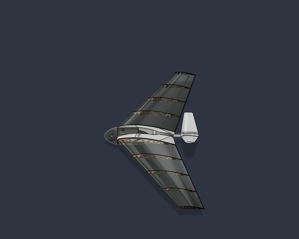 Isometric CAD render of the same flying-wing aircraft from a different oblique angle, more end-on along the span, with one wing swept toward the viewer in the foreground and the other receding into the background; the internal tan truss structure is visible through the translucent wing skin, and the white vertical fin and bubble-canopy pod sit mid-frame.