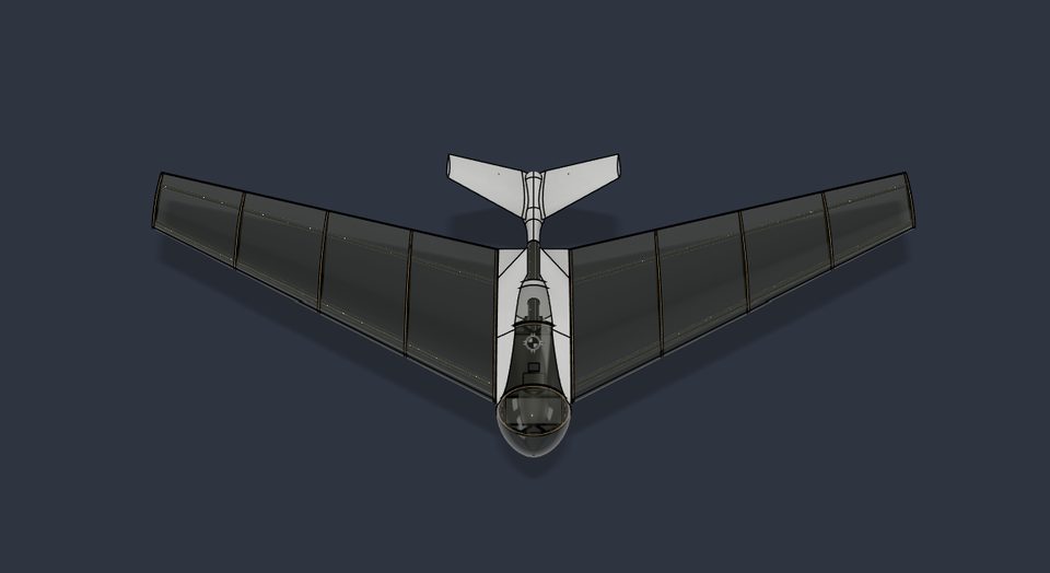 Top-down orthographic CAD render of the same flying-wing aircraft, symmetric left-right, with both wing panels sweeping outward and back from the central fuselage pod; a small white vertical fin projects above the pod at the rear centerline and the clear bubble-canopy nose is visible at the front, with the internal tan truss structure again visible beneath the translucent wing skin.