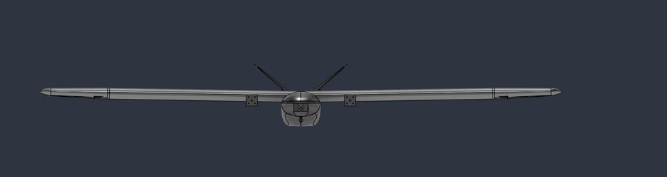 Front orthographic CAD render of the same aircraft showing the full wingspan edge-on, with a rounded fuselage pod at the centerline and two thin rod-like features projecting diagonally upward and outward from it.