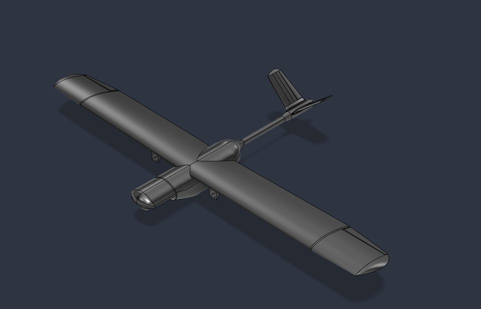 Isometric CAD render of a fixed-wing aircraft on a slate-gray background: a single long straight wing crosses a slim fuselage boom, with a tail assembly at one end and a rounded streamlined fuselage pod at the other.
