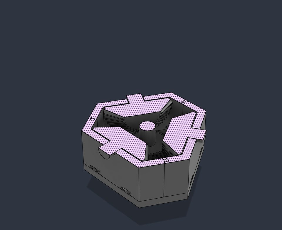 Isometric CAD render of the same hexagonal housing with its upper portion cut away in section: a three-pronged triangular internal bracket is shown with a diagonal cross-hatched pink section-cut fill, with angled gear-tooth geometry and a central round bore opening visible below the cut.