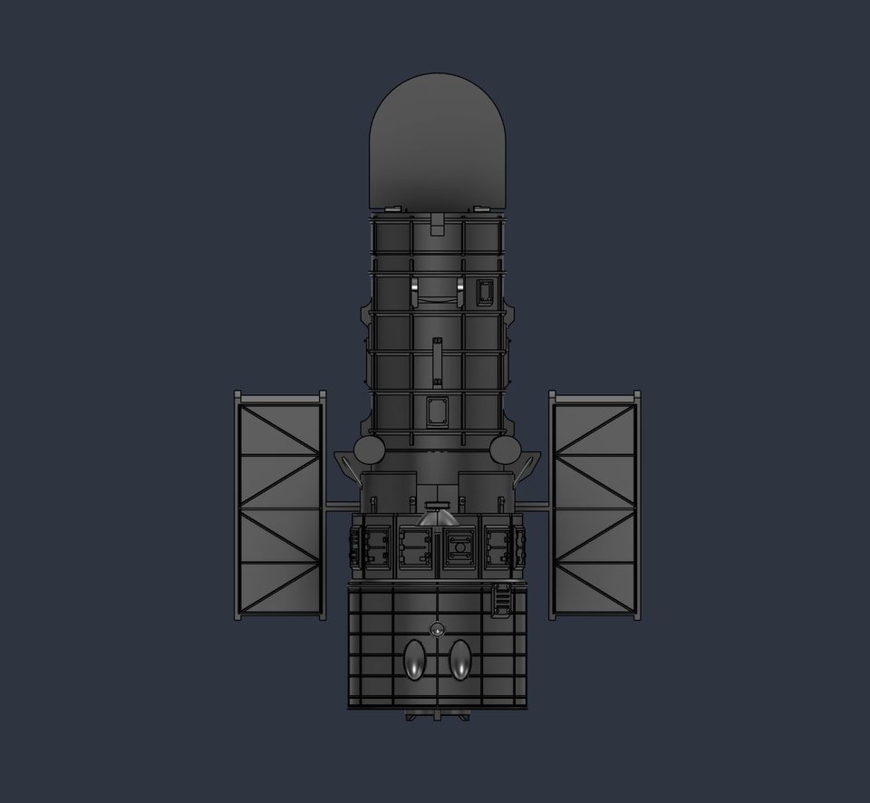 Orthographic CAD render of the same telescope model in elevation, with a rounded dome cap atop a ringed cylindrical barrel, two rectangular cross-braced paddle panels extending partway down the body, and small equipment-box and port details near the base.