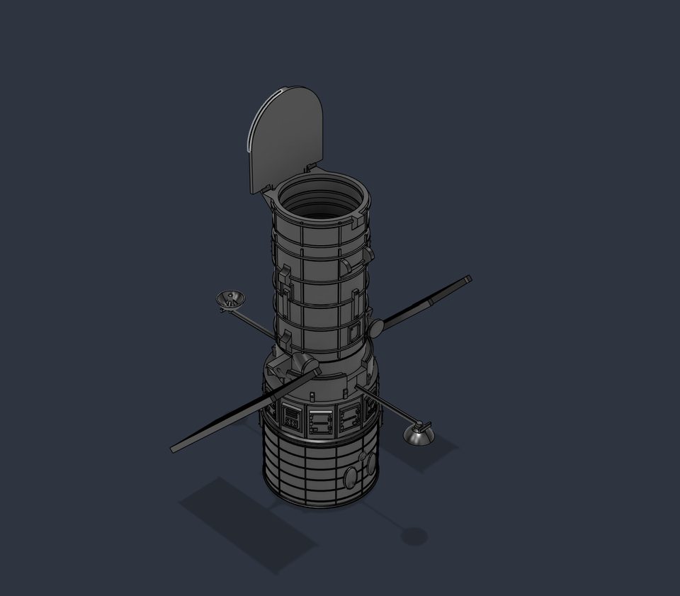 Isometric CAD render of a cylindrical space-telescope model on a slate-gray background, with a large hinged rectangular aperture door and two diagonal boom antennas extending from the mid-body.