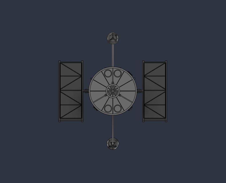 Orthographic CAD render of the same telescope model viewed end-on and symmetric left-right, with a circular main body, two rectangular paddle panels showing diagonal cross-bracing extending left and right, and small instrument fixtures on booms above and below the body.