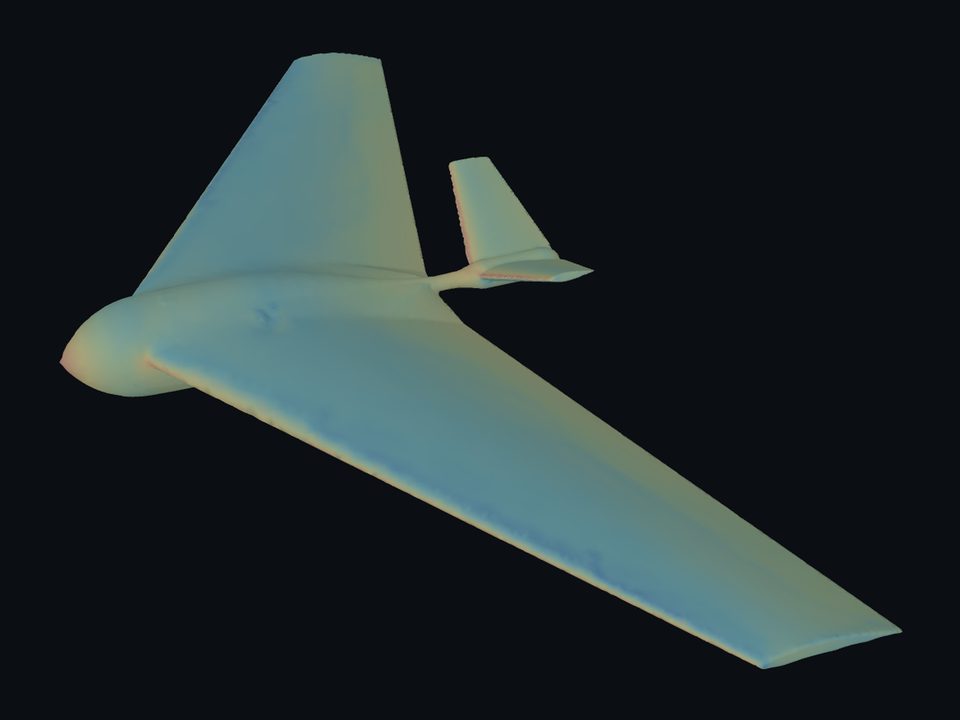 Surface pressure coefficient rendered on a swept flying-wing aircraft in the GUI's 3D view: a pale blue-to-yellow gradient across the wing, with warmer colour concentrated on the nose and the wing leading edges, against a near-black background.