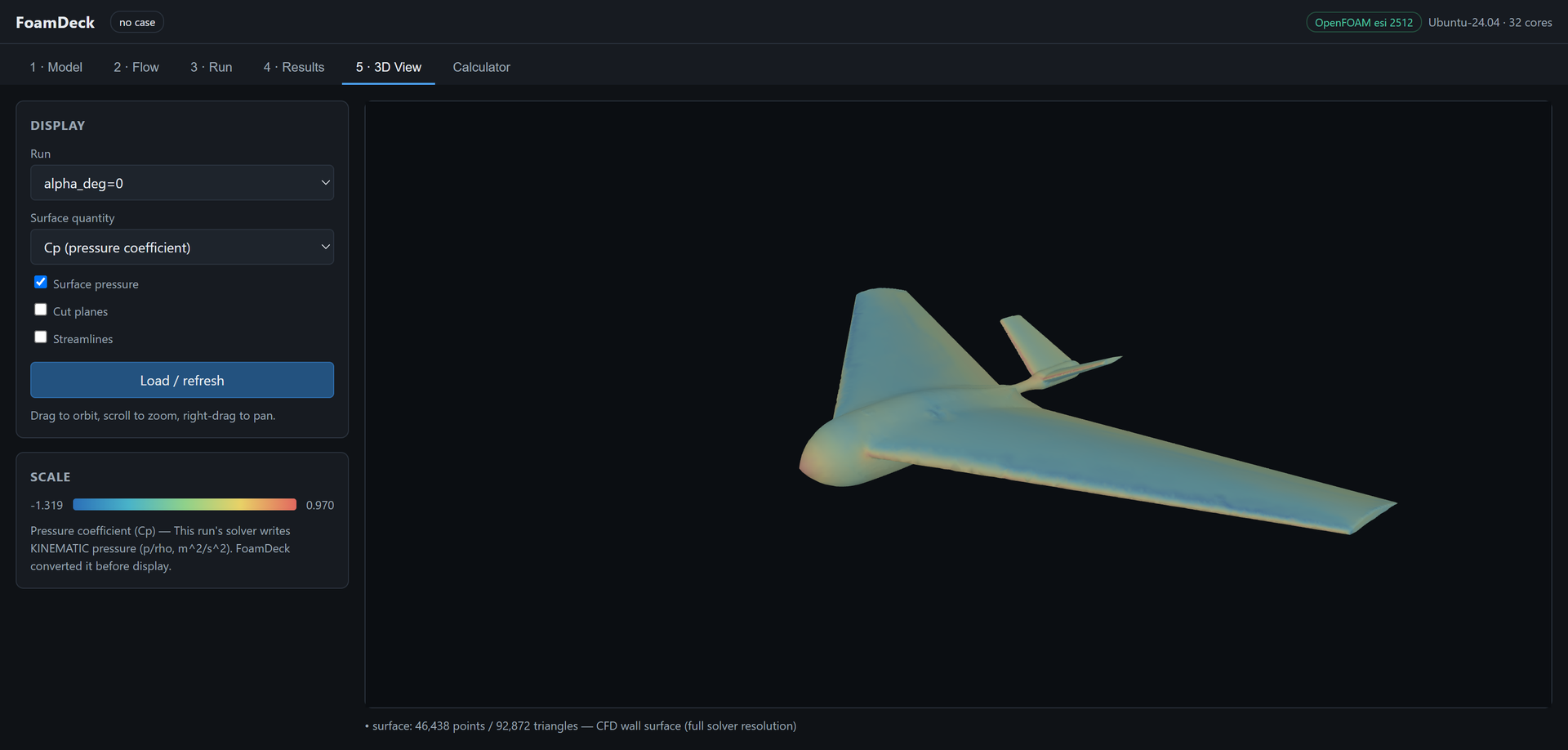 Screenshot of the GUI's 3D view tab. A left panel holds run and surface-quantity selectors, checkboxes for surface pressure, cut planes and streamlines, and a colour scale reading -1.319 to 0.970. The main viewport shows a swept flying-wing aircraft shaded in pale blue through yellow, with warmer colour concentrated along the nose and leading edges.
