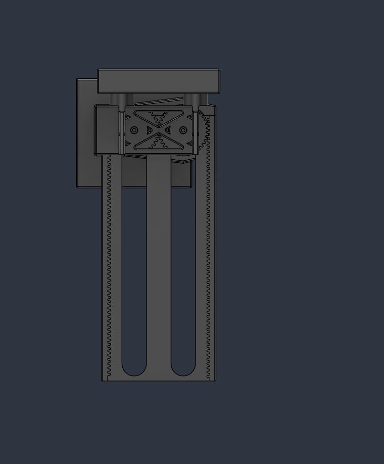 Front orthographic CAD render of the same lift mechanism: a horizontal plate sits at the top above a compact housing with screw-hole details and an internal X-shaped brace pattern, with two long parallel vertical members showing a helical surface texture running down to the base and a shorter plain vertical bar centered between them.